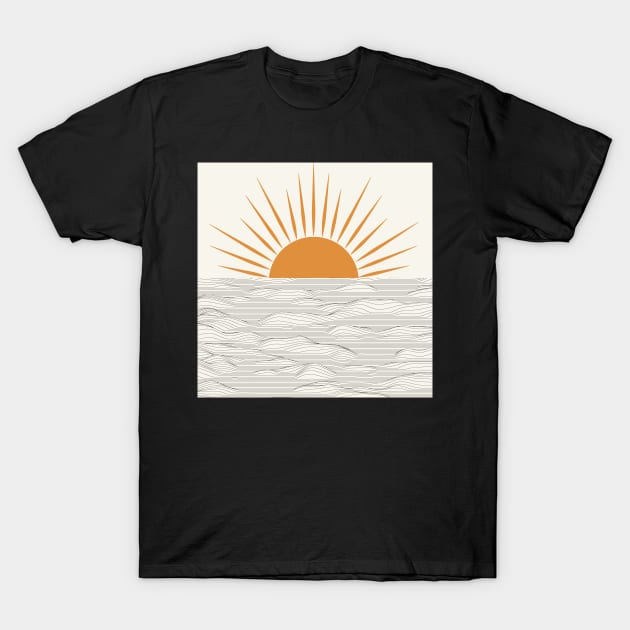 Minimalist Half Sun with Waves Drawing Doodle Art Print. Printable Modern Sunrise Illustration Decor T-Shirt by Modern Art